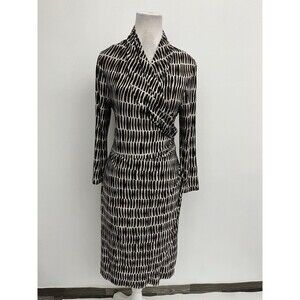 CHICO'S Women’s Faux Wrap A-Line V-Neck 3/4 Sleeve Dress Brown Ivory Size 1(M)